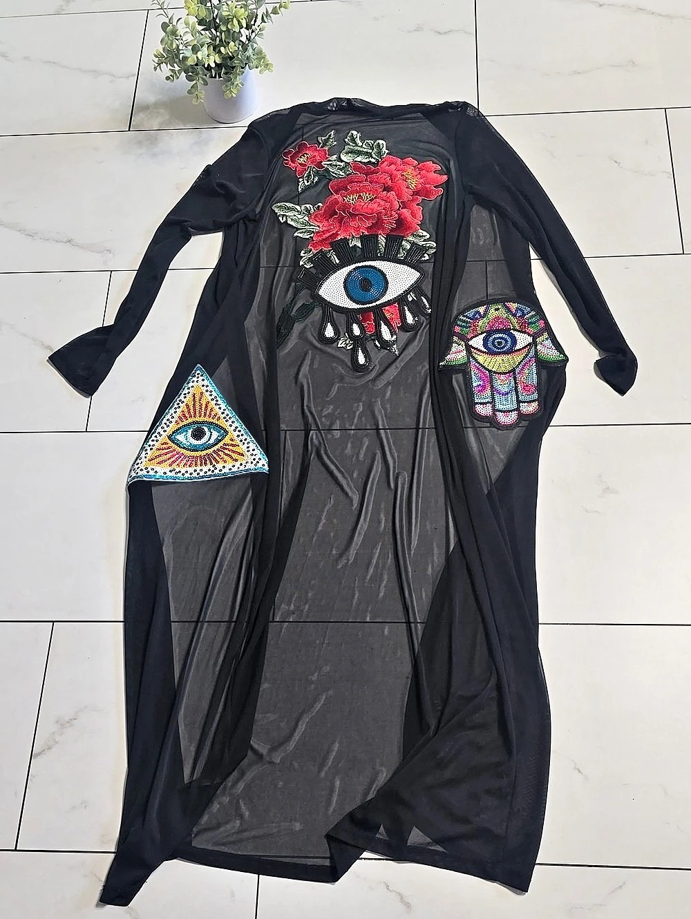 Evil Eye Style Rack Embellished Mesh Duster in Black